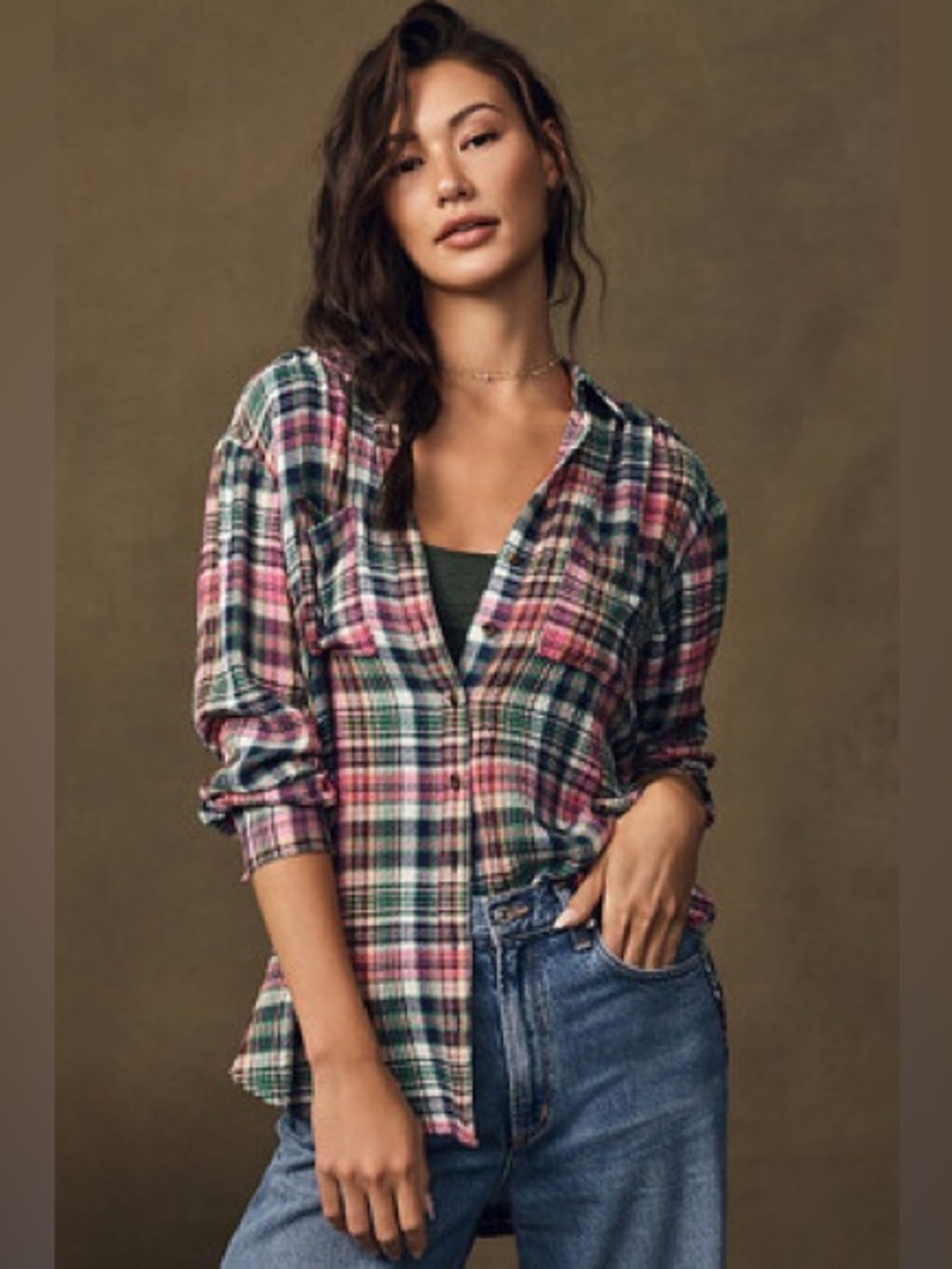 Anthropologie Pilcro Plaid Button Down Shirt 90s Grunge Boho XS Relaxed Coastal